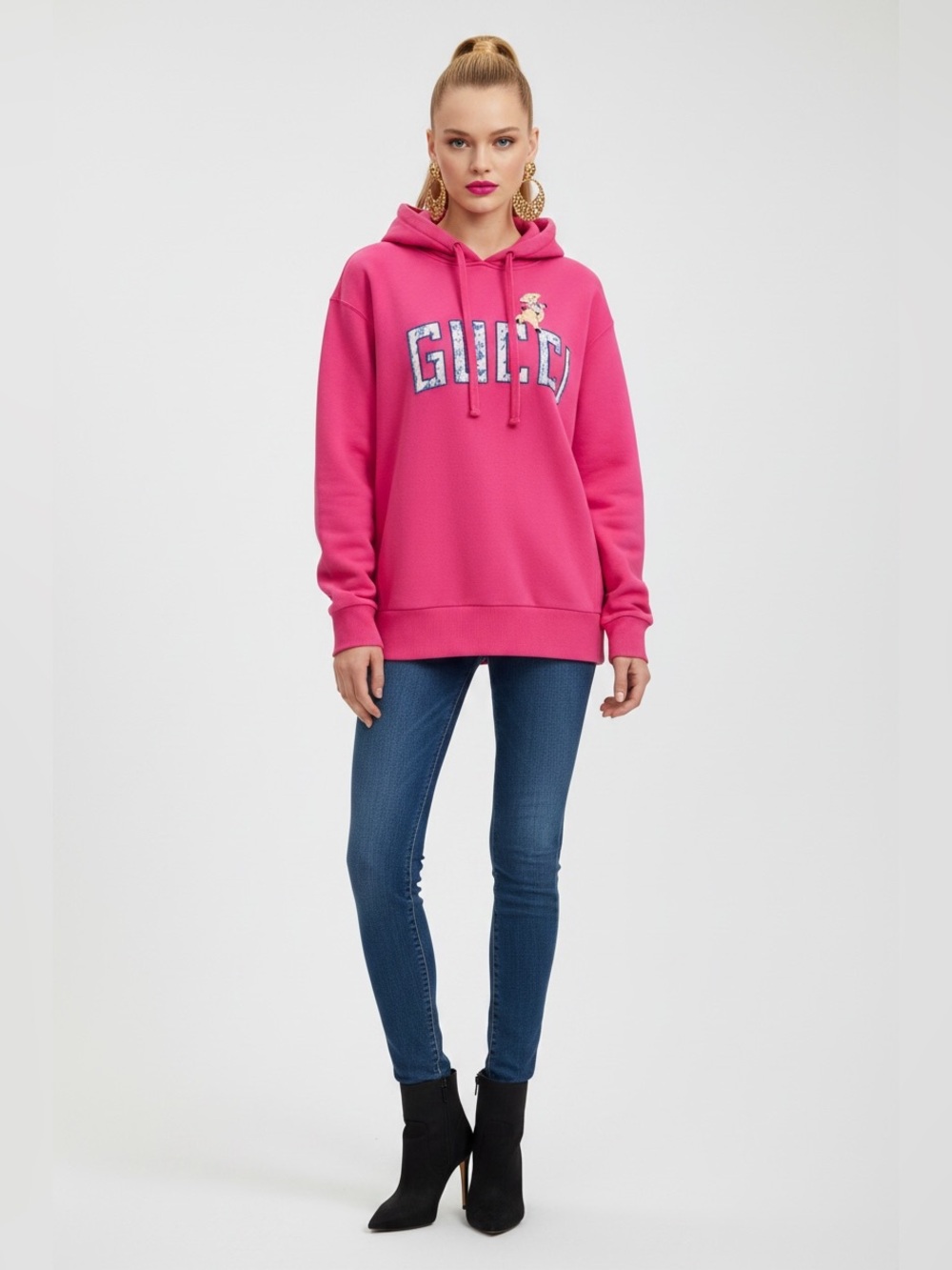 Gucci Hot Pink Sassy Piggy Embroidered Logo Hoodie
